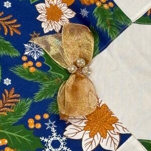Vintage Festive Blue & Gold Holiday Tablecloth 40”x40” With Bow Detail